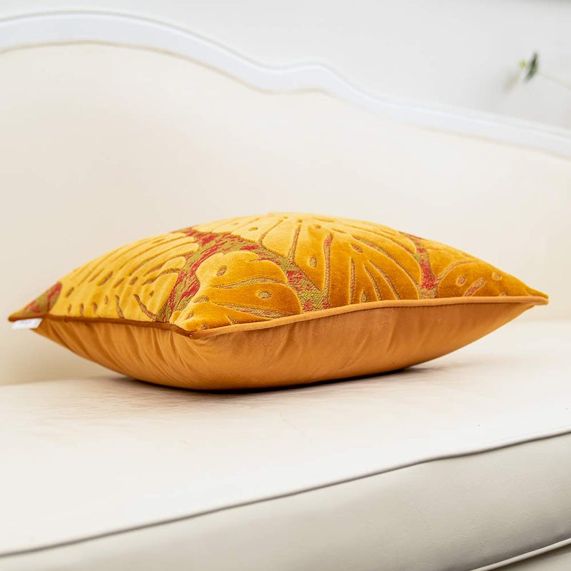 Alerfa 18 x 18 Inch Square Leaf Pillow Embroidery Cut Velvet Cushion Case Luxury Modern Lumbar Throw Pillow Cover Decorative Pillow for Couch Sofa Living Room Bedroom Car, Orange - Image 3